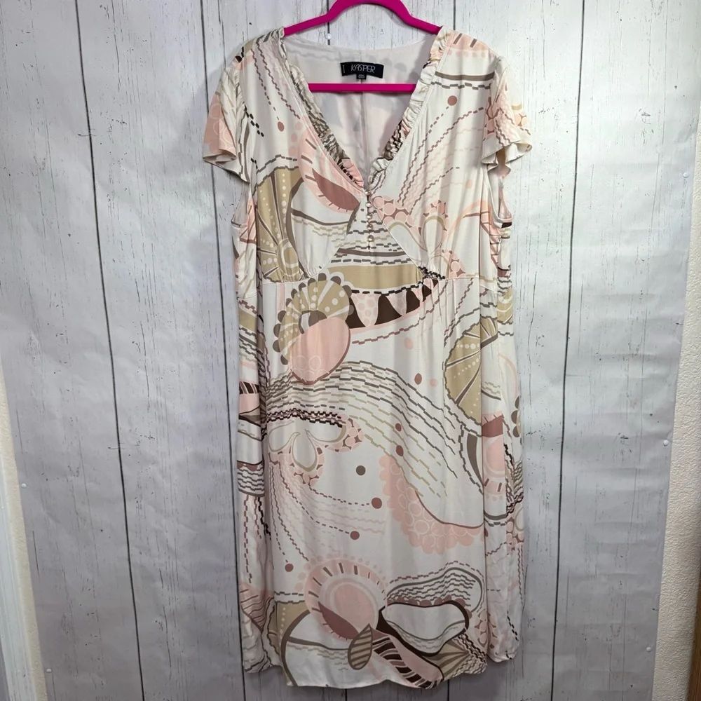 Kasper Woman Abstract Print Midi Dress 20W Rayon Flutter Sleeve Retro Pastel Mod
